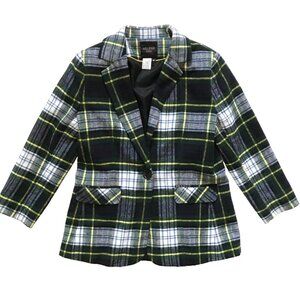 Helene London Plaid Blazer Jacket Womens Medium Green Blue Flannel Long Sleeve